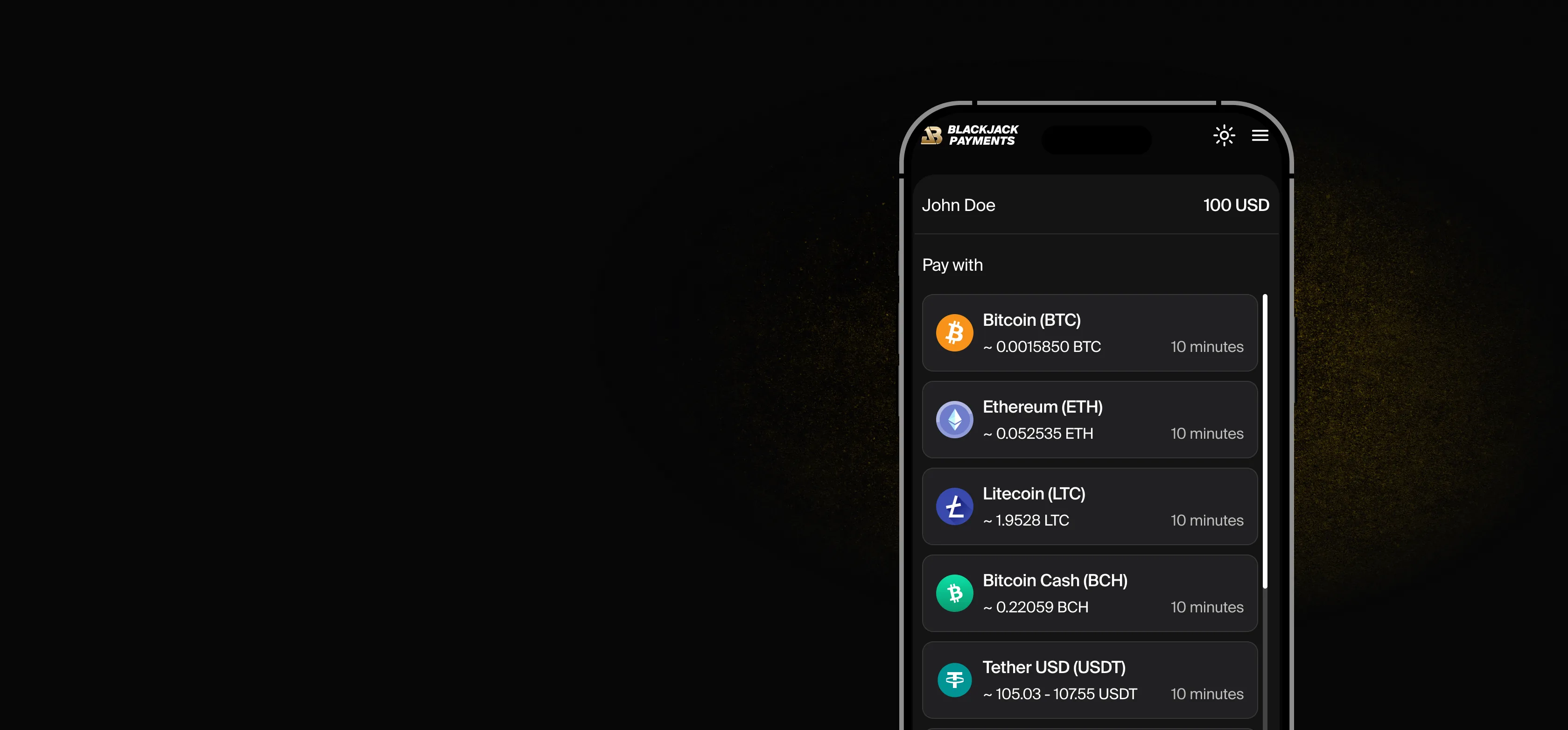 Blackjack Payments crypto checkout shown on a mobile device