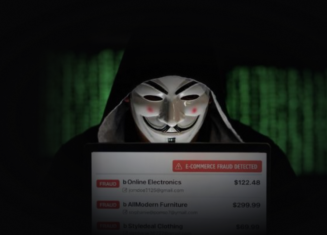 Anonymous masked figure over an e-commerce fraud-detection dashboard flagging suspicious transactions
