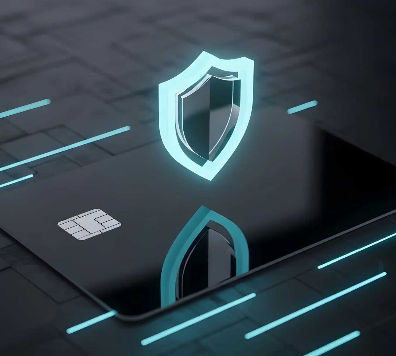 3D illustration of a dark payment card with a glowing teal security shield