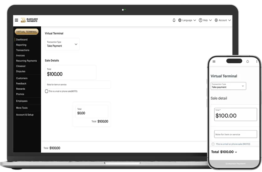 BlackjackPay Virtual Terminal web app shown on a laptop and phone, with sidebar navigation and a $100.00 sale in progress