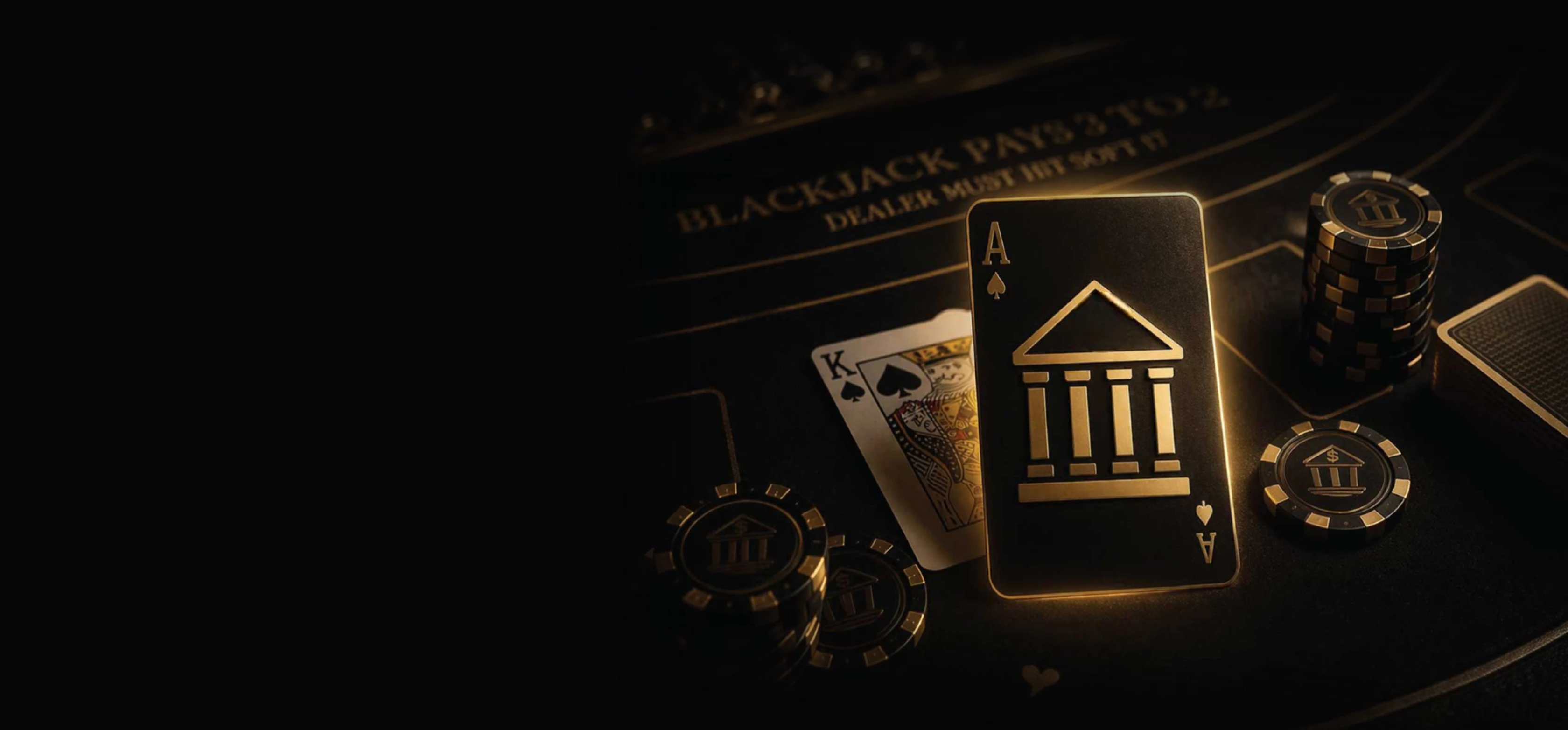 Glowing gold ace playing card with a bank icon on a dark casino table, surrounded by poker chips and ace cards