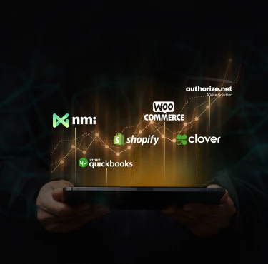 Hands holding a tablet showing a glowing rising chart with authorize.net, WooCommerce, nmi, Shopify, Clover, and QuickBooks logo callouts