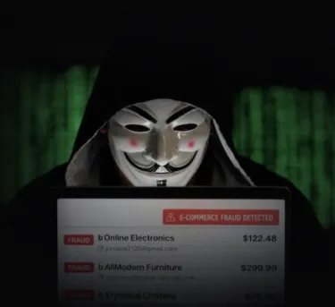 Anonymous masked figure over an e-commerce fraud-detection dashboard flagging suspicious transactions