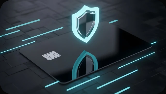 3D illustration of a dark payment card with a glowing teal security shield