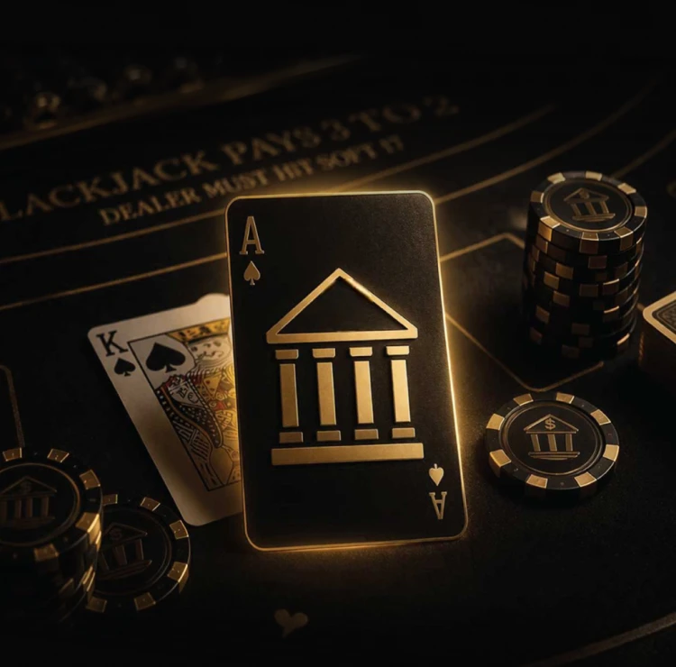 Glowing gold ace playing card with a bank icon on a dark casino table, surrounded by poker chips and ace cards