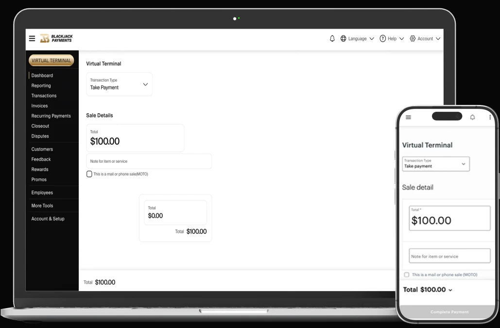 BlackjackPay Virtual Terminal web app shown on a laptop and phone, with sidebar navigation and a $100.00 sale in progress
