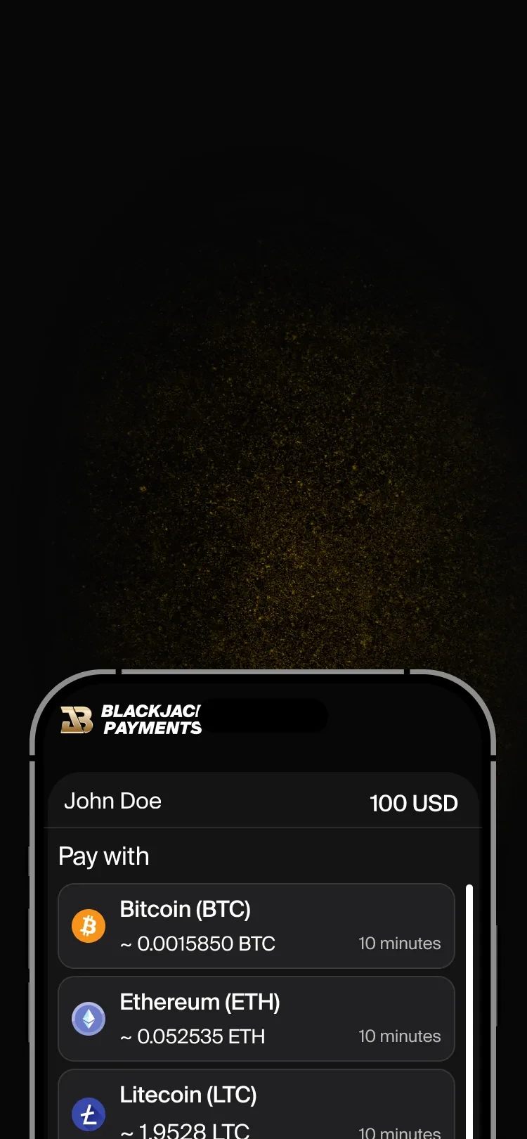 Blackjack Payments crypto checkout shown on a mobile device