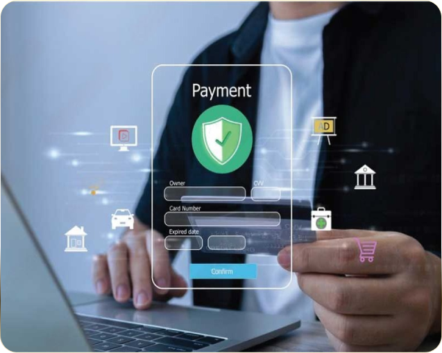 A person at a laptop with a floating payment confirmation UI overlay