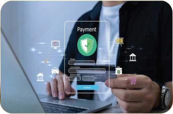 A person at a laptop with a floating payment confirmation UI overlay